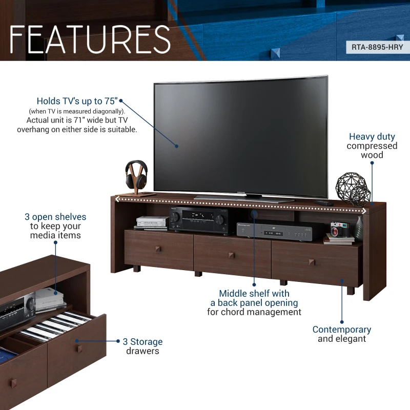 Elegant Hickory TV Stand with 3 Drawers and Cable Management, Modern Media Entertainment Console for Living Room, 70.5" L x 15" W x 20" H, Brown