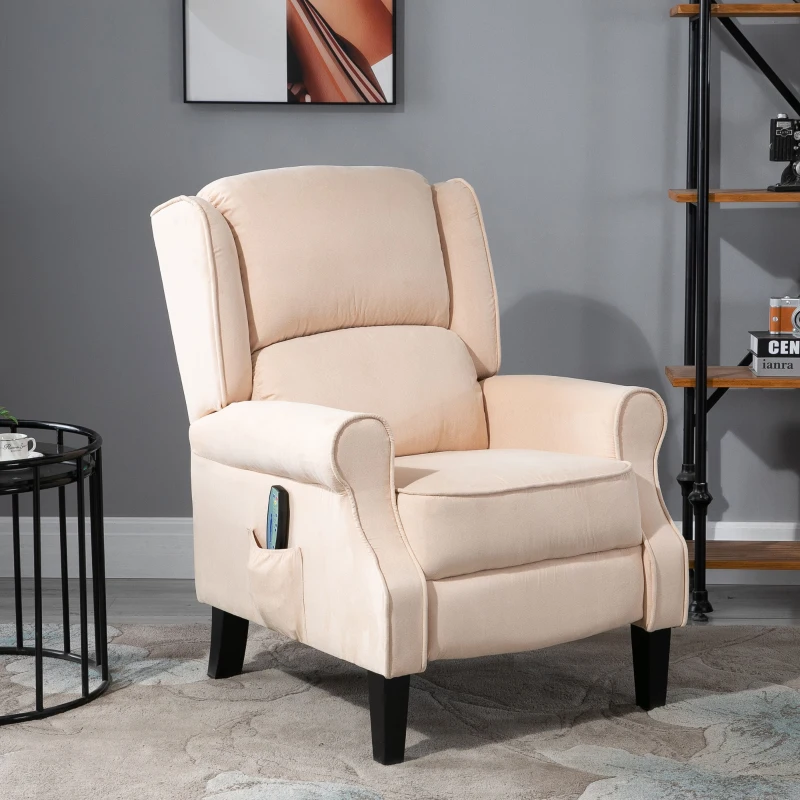 HOMCOM Vibration Massage Recliner Chair for Living Room with Heat,  Wingback Single Sofa, Modern Suede Fabric Push Back Reclining Chair with Footrest, Side Pocket, Beige