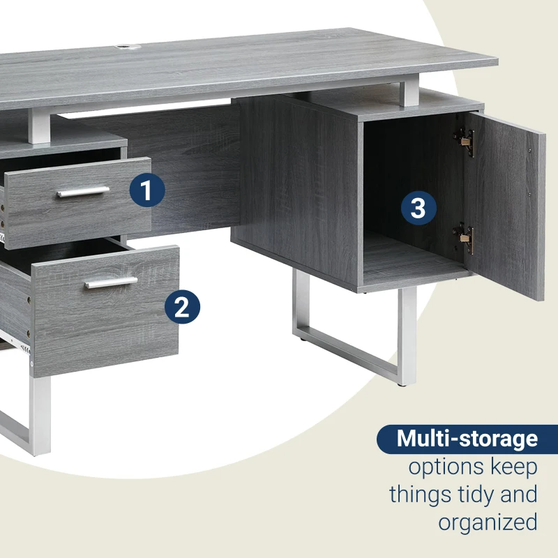 Modern White Desk with 2 Storage Drawers and Cabinet, Sleek Floating Desktop Computer Writing Table for Home Office, 51" L x 23.5" W x 30" H, Grey