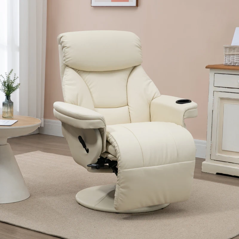 HOMCOM Manual Recliner, Swivel Lounge Armchair with Side Pocket, Footrest and Cup Holder, Cream White