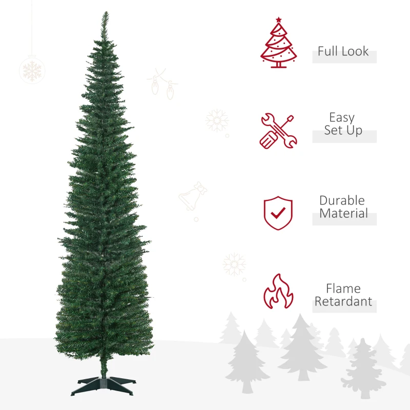 HOMCOM 7ft Unlit Pencil Artificial Christmas Tree with Realistic Branches and 499 Tips, Plastic Base, Green
