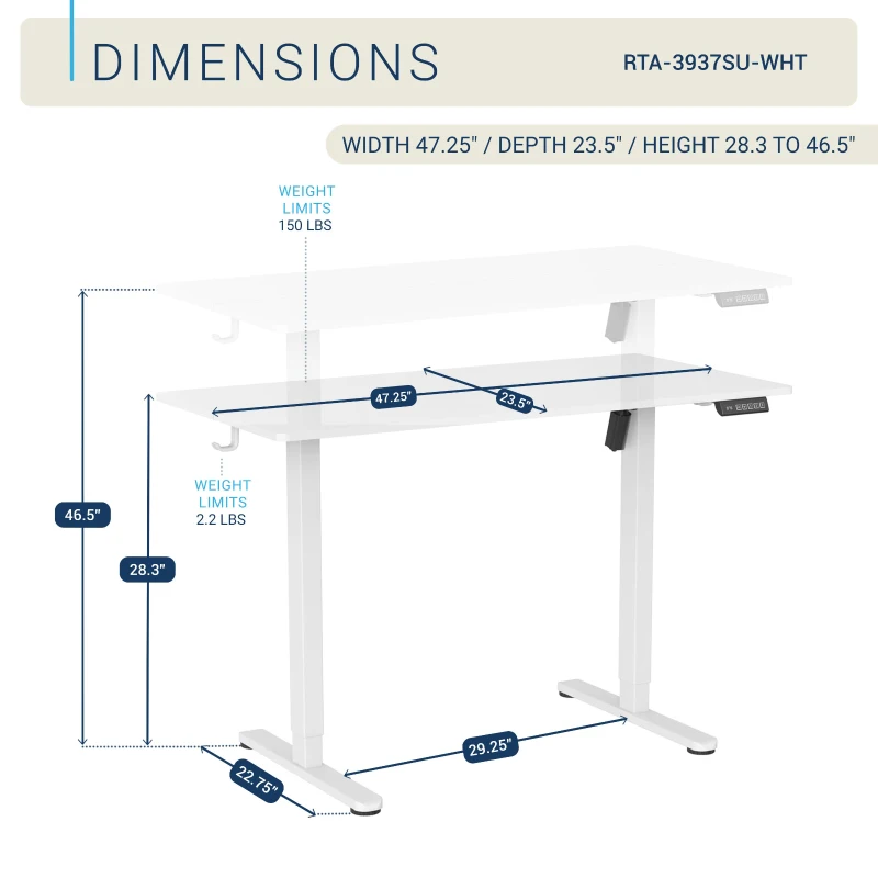 Sleek Electric Standing Desk with Memory Presets and Hooks, Height Adjustable Sit to Stand Computer Desk for Home Office, 47.5'' L x 23.5'' W x 28'' H, White