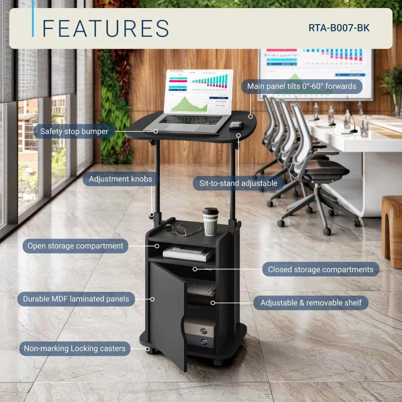 Practical Laptop Cart with Adjustable Tilting Panel, Mobile Workstation for Home Offices, Classrooms, or Bedside, 23.5″ L x 15.5″ W x 31.5″ H, Black