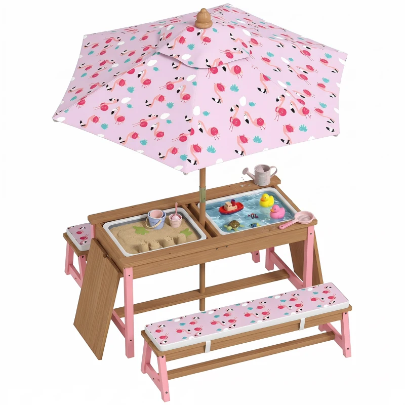 Qaba Kids Picnic Table Set with Foldable Umbrella, Removable Cushions & Boxes, Flamingo Theme, Pink