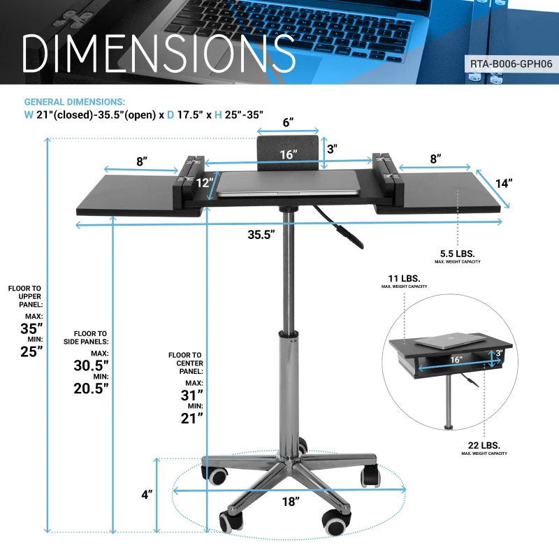 Functional Laptop Cart with Foldable Panel and Open Storage Space, Portable Table for Meeting Rooms, 21″ L x 17.5″ W x 25″ H, Black