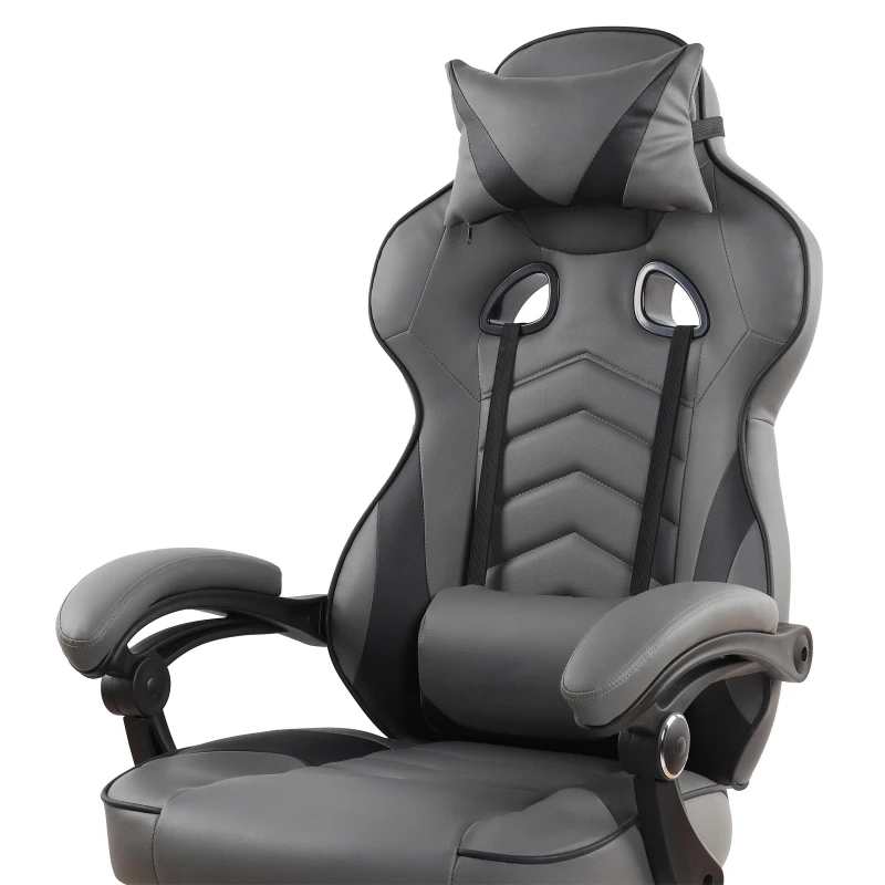 Comforting Executive Chair with Extending Footrest and Headrest Pillow, Ergonomic Office Chair for Gaming Rooms, 28″ L x 27″ W x 48.5″ H, Gray
