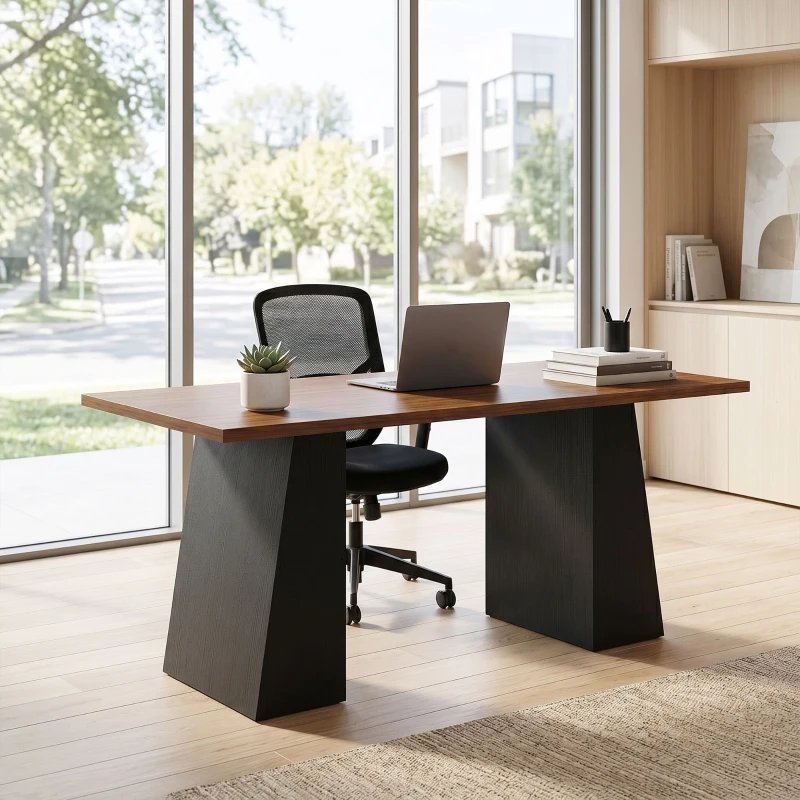 HOMCOM 63 Inch Computer Desk with Trapezoidal Frame Light Walnut and Black
