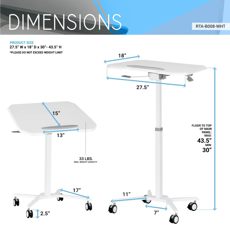 Adjustable Laptop Stand with Top Tilt Control Lever, Mobile Laptop Table for Bedrooms and Living Rooms, 27.5″ L x 18″ W x 30″ H, White