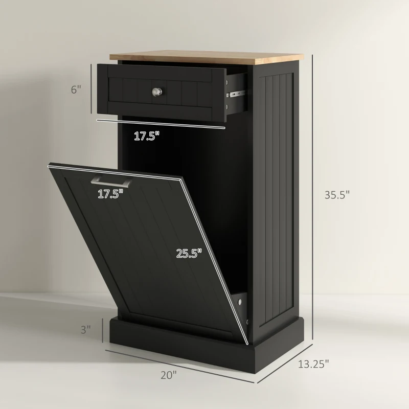 HOMCOM 10 Gallon Tilt Out Trash Cabinet, Wooden Hidden Trash Can with Storage Drawer for Kitchen, Laundry Hamper Cabinet for Bathroom, Black