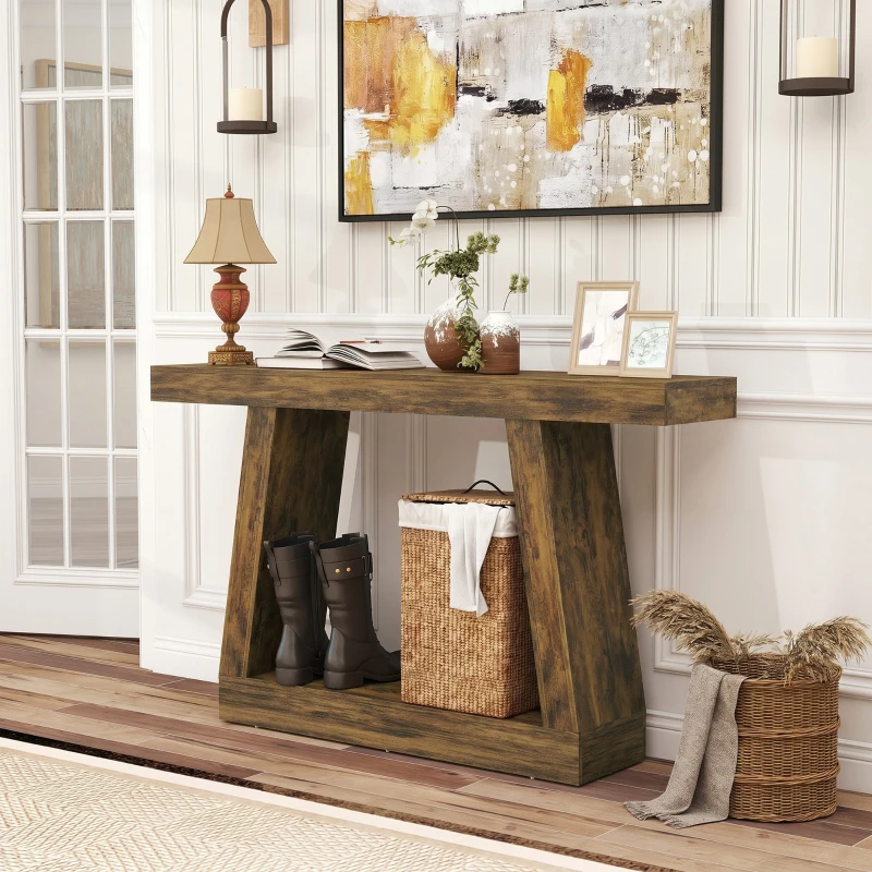 HOMCOM 55" Farmhouse Console Table, 2-Tier Entryway Table with Storage for Hallway, Living Room, Behind Couch, Rustic Brown