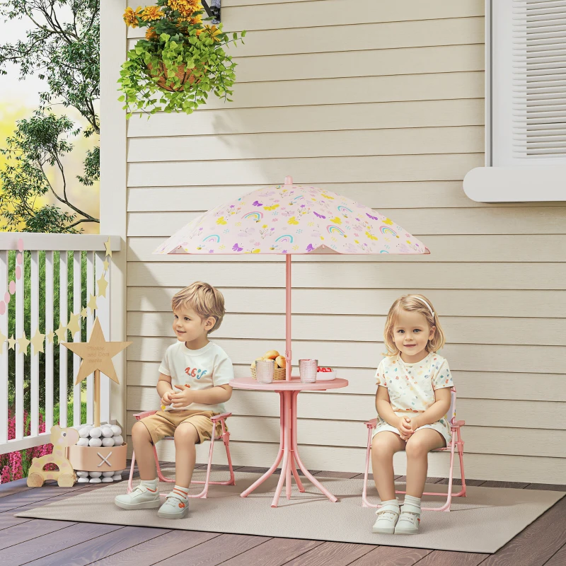 Qaba Kids Picnic Table and Chair Set, Outdoor Activity Table with Foldable Chairs, Removable Umbrella for Backyard, Pink