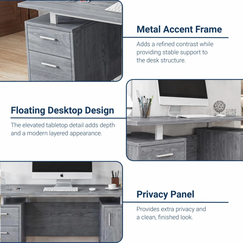 Modern White Desk with 2 Storage Drawers and Cabinet, Sleek Floating Desktop Computer Writing Table for Home Office, 51" L x 23.5" W x 30" H, Grey