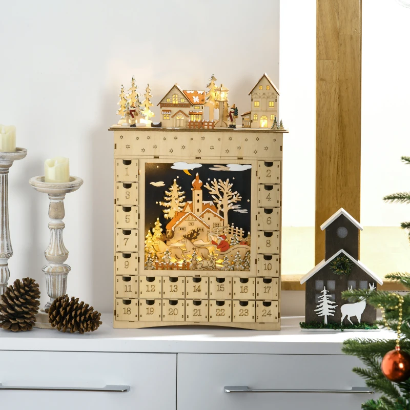 HOMCOM Christmas Advent Calendar, Wooden Countdown to Christmas Table Decoration with 24 Drawers, Lights, Battery Operated