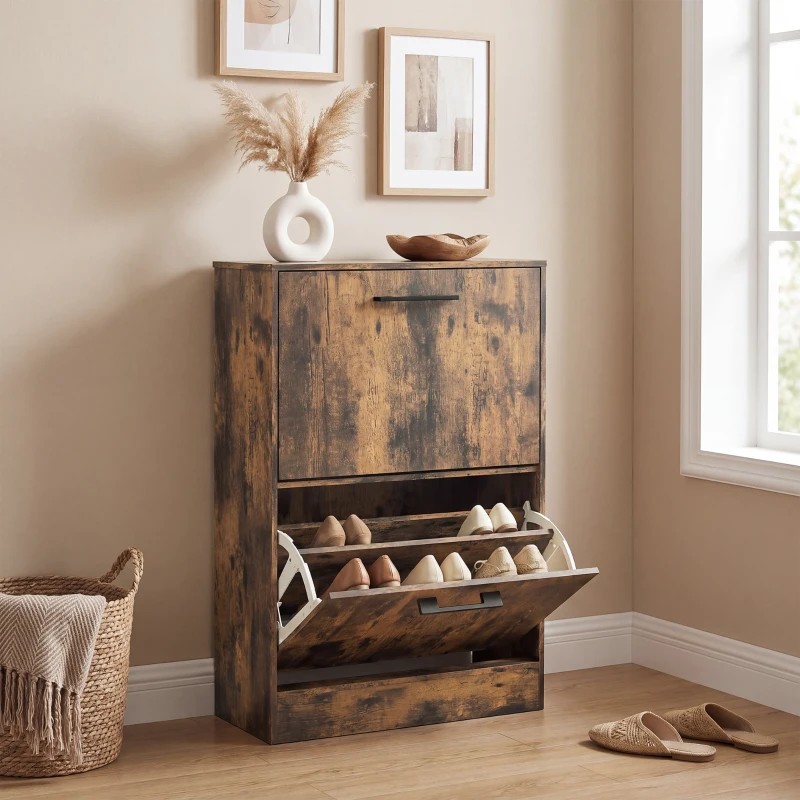 HOMCOM Shoe Cabinet 2 Flip Drawers Narrow Shoe Storage Unit Adjustable Dividers Entryway Hallway Rustic Brown