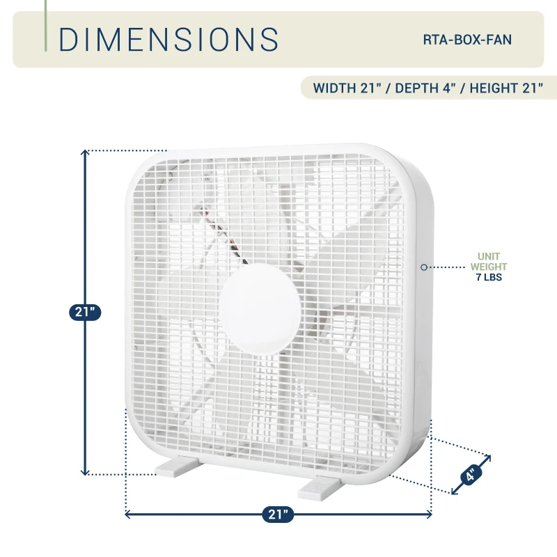 Powerful 20" Box Fan with 3 Adjustable Speed Settings, Lightweight High-Velocity Air Circulation Floor Fan for Home, 21" L x 4" W x 21" H, White