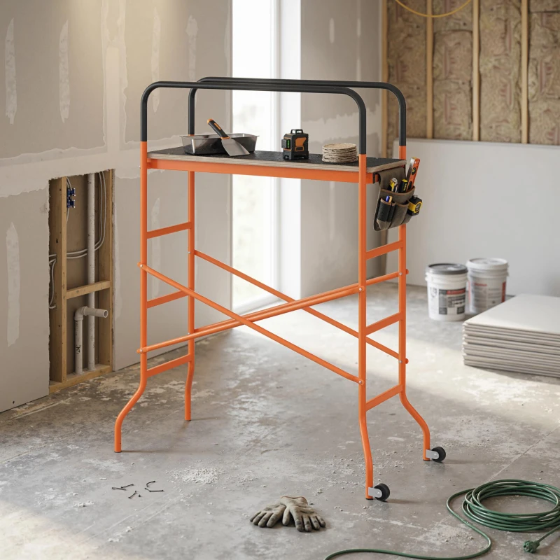 HOMCOM Scaffolding Work Platform, Rolling Scaffolding with Wheels, Scaffold for Building Construction, Orange