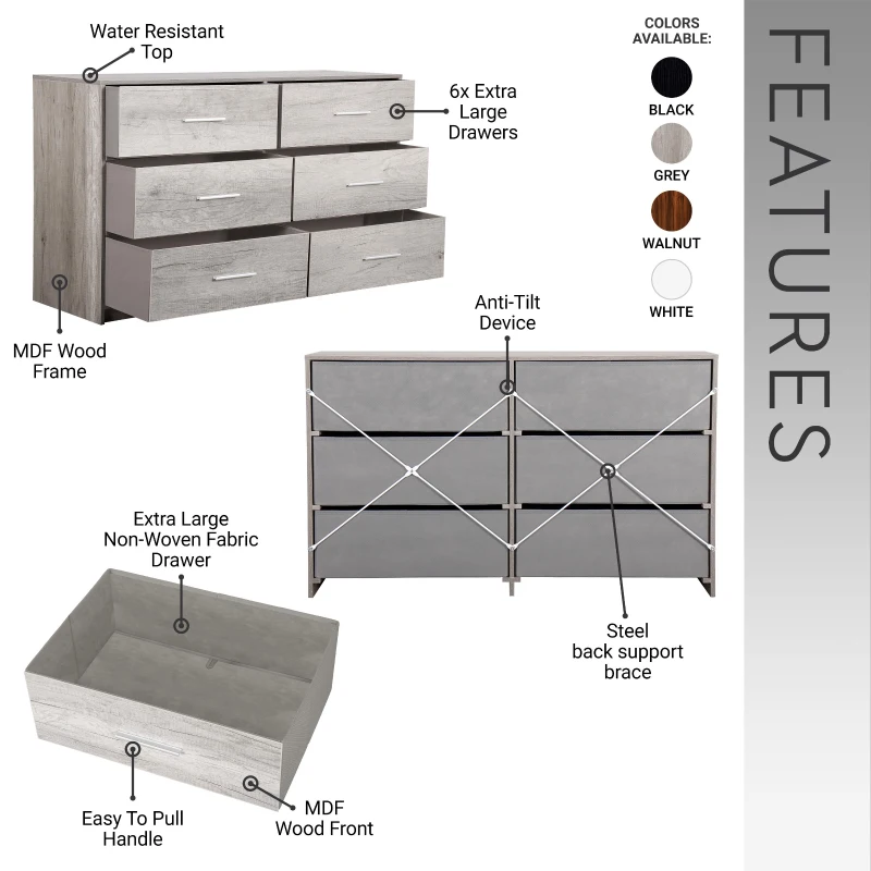 Versatile 6-Drawer Dresser with Water-Resistant Top, Ideal Storage Chest for Bedrooms, Playrooms, Entryways, 44.5" L x 16" W x 26.5" H, Gray