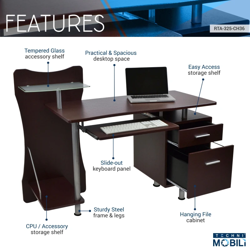 Practical Computer Desk with File Drawer and Spacious Desktop, Storage Workstation for Study Areas and Offices, 51″ L x 22″ W x 39.5″ H, Chocolate