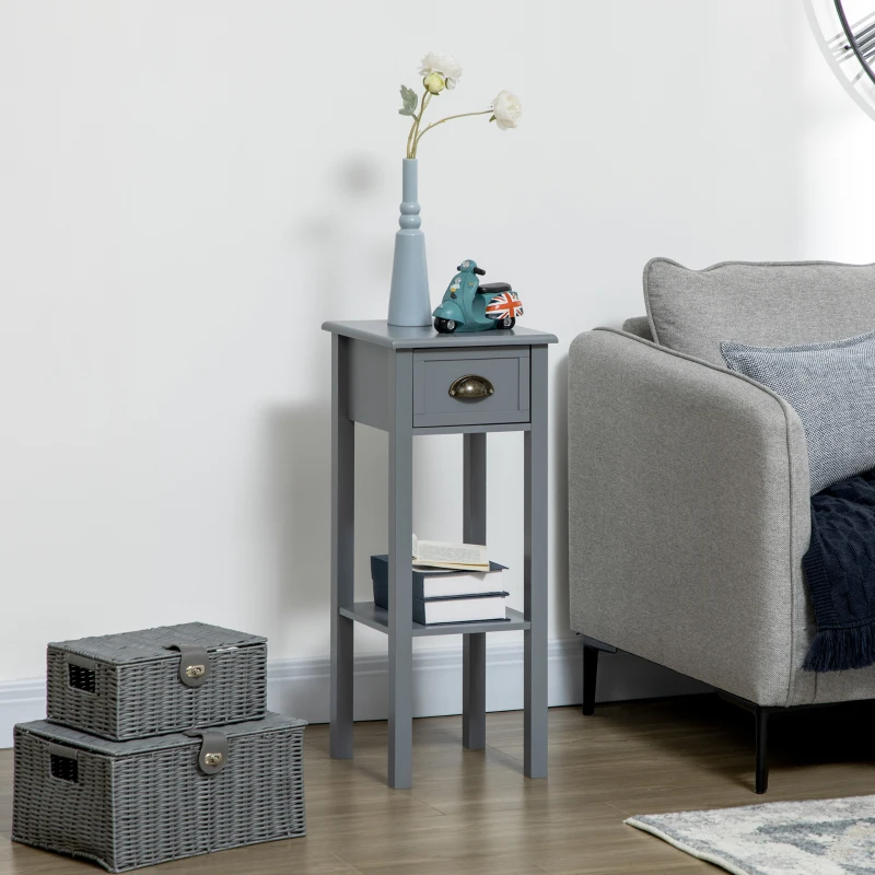 HOMCOM 2-Tier Nightstand, Side Table with Drawer and Shelf for Living Room or Bedroom, Set of 2, Gray