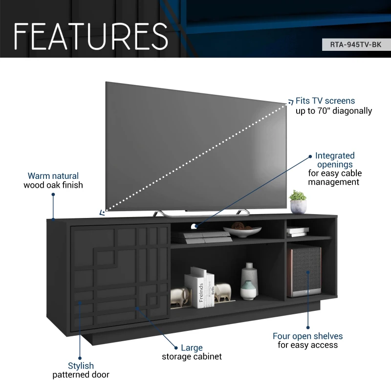 Contemporary Floating TV Stand with Patterned Cabinet Door, Modern Media Entertainment Console for Living Room, 63" L x 14" W x 21" H, Black