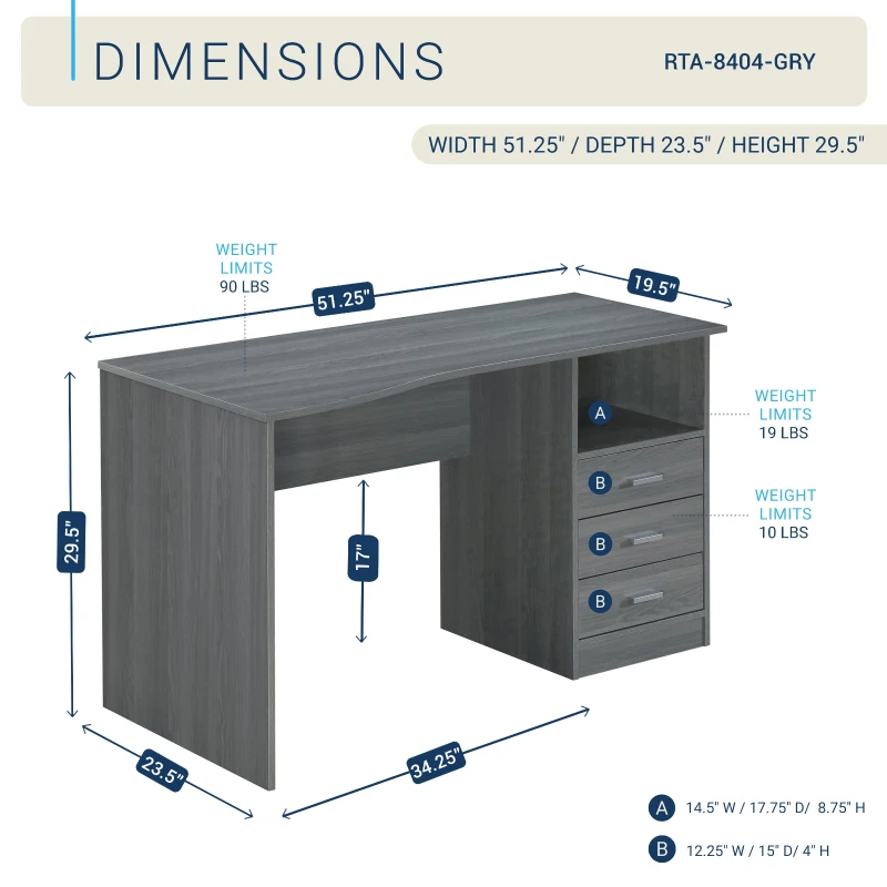 Classic Computer Desk with 3 Drawers and Side Shelf, Modern Contoured Workstation Table for Home Office Studio, 51" L x 23.5" W x 29.5" H, WengeGrey