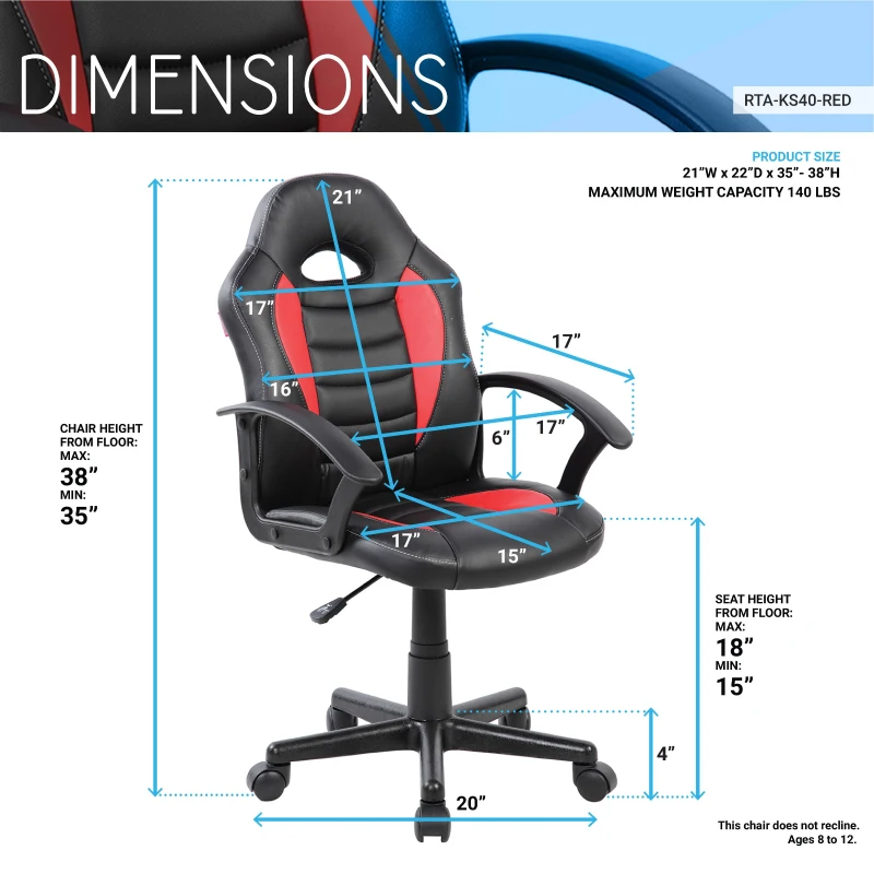 Sporty Gaming Chair with Pneumatic Height Adjustment and Non-Marking Casters, Perfect Racer-Style Chair for Kids, 21" L x 22" W x 35" H, Red