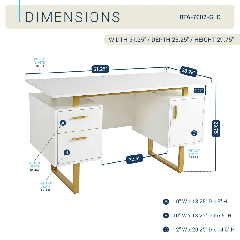 Modern White Desk with 2 Storage Drawers and Cabinet, Sleek Floating Desktop Computer Writing Table for Home Office, 51" L x 23.5" W x 30" H, White