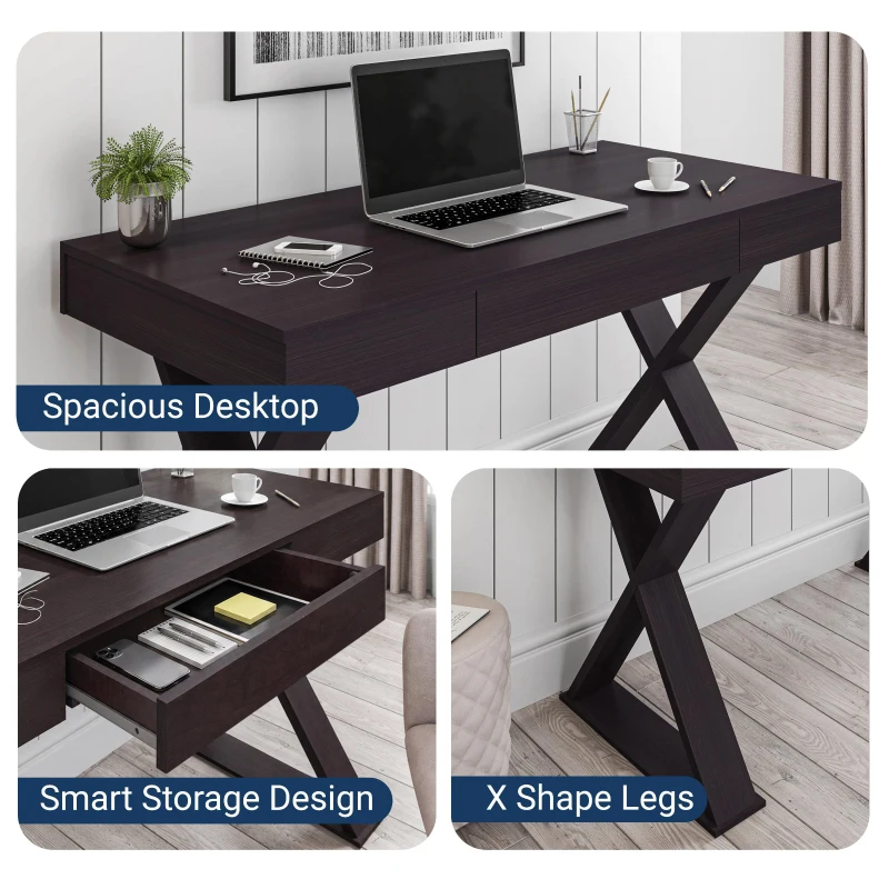 Trendy Writing Desk with Center Storage Drawer and X-Shaped Legs, Modern Home Office Computer Desk for Workspace, 47" L x 22" W x 30" H, Espresso