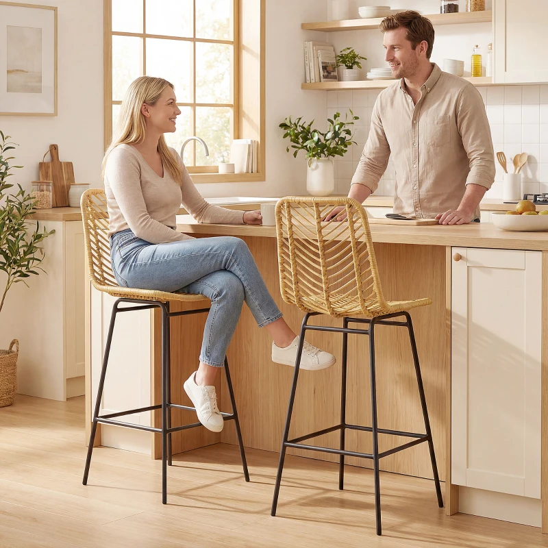 HOMCOM Set of 2 Rattan Barstools Wicker Counter Stools with Steel Legs and Footrest for Dining Room Kitchen Pub Yellow