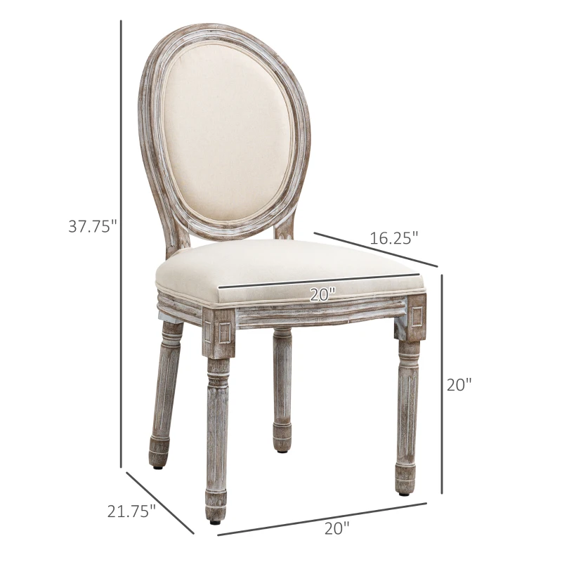 HOMCOM Vintage Armless Dining Chairs Set of 2, French Chic Side Chairs with Curved Backrest and Linen Upholstery for Kitchen, or Living Room, Cream White