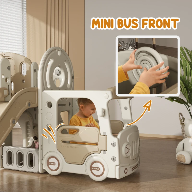 Qaba 9 in 1 Toddler Slide for Kids Ages 1-6 with Bus Front, Basketball Hoop, Climber, Storage Space, Ring Toss, Cream White