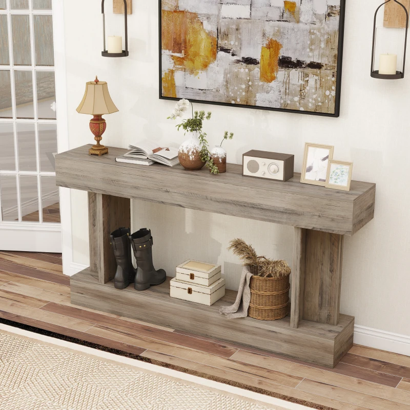 HOMCOM 63 Inch Long Console Table, Vintage Narrow Entryway Table with Storage Shelf for Living Room and Hallway, Light Brown