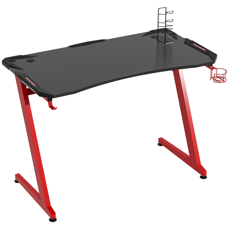 HOMCOM 48 Inch Gaming Desk with Large Tabletop, Racing Computer Desk with Cup Holder and Headphone Hook, Black / Red