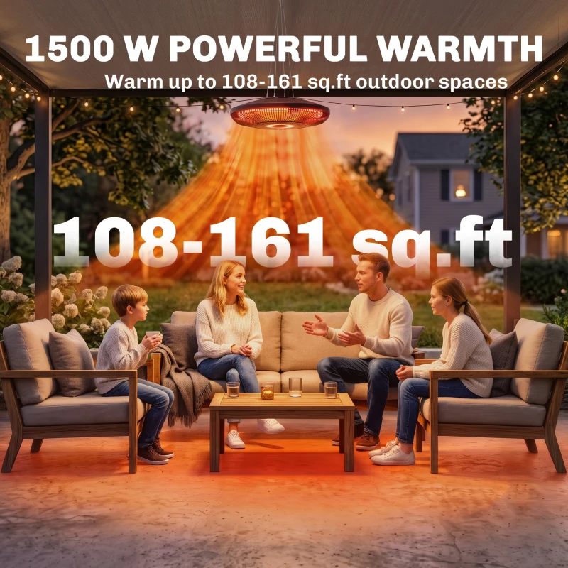 Outsunny Electric Hanging Patio Heater with LED Light, 750/1500 W IP65 Ceiling Mounted Infrared Outdoor Heater, Black