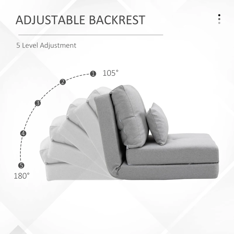HOMCOM Folding Sofa Bed, Convertible Sleeper Chair with Adjustable Backrest, Metal Frame and Pillow, Upholstered Chair Bed Floor Sofa for Living Room Bedroom, Light Gray