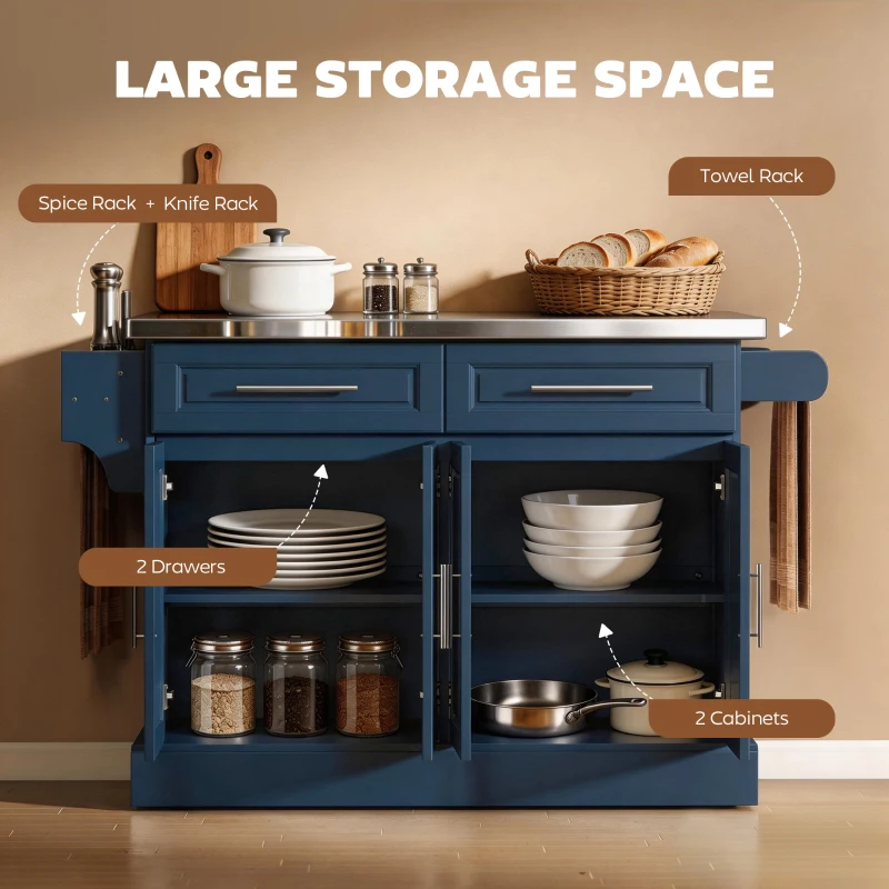 HOMCOM Rolling Kitchen Island with Stainless Steel Top, 2 Drawers, Spice, Knife and Towel Rack and Cabinets, Navy Blue