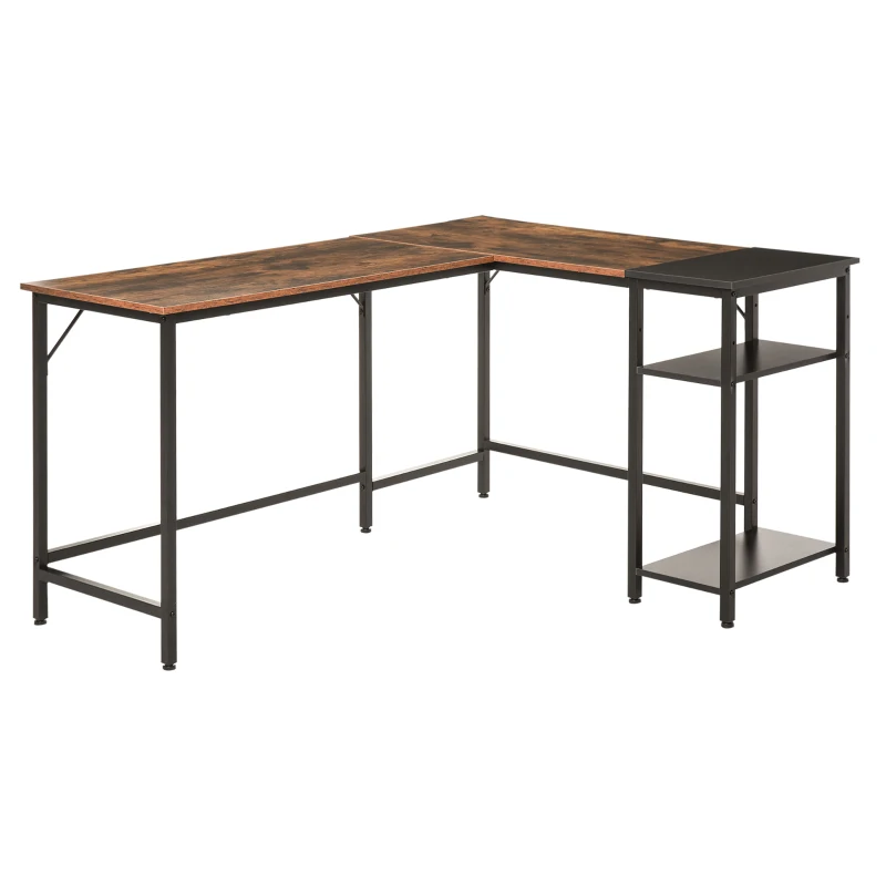 HOMCOM L-Shaped Computer Desk, Industrial Corner Desk with Adjustable Storage Shelf, CPU Tower Stand, Wood Grain Surface