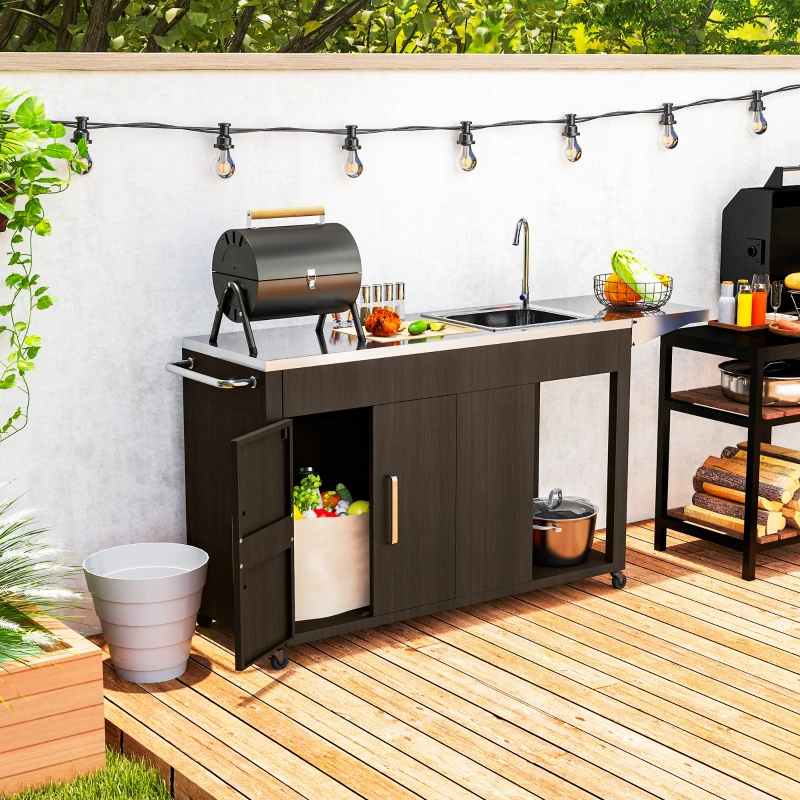 Outsunny Outdoor Grill Table with Stainless Steel Sink and Drainage, Grill Cart with Foldable Side Table and Cabinet, Outdoor Kitchen Island with Wheels, Distressed Brown
