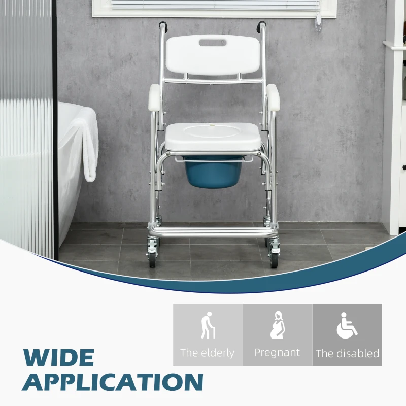 HOMCOM 3-in-1 Shower Commode Wheelchair, FSA/HSA Eligible Transport Beside Commode Chair, Waterproof Rolling Over Toilet Chair 330 lbs. Weight Capacity with Padded Seat, White