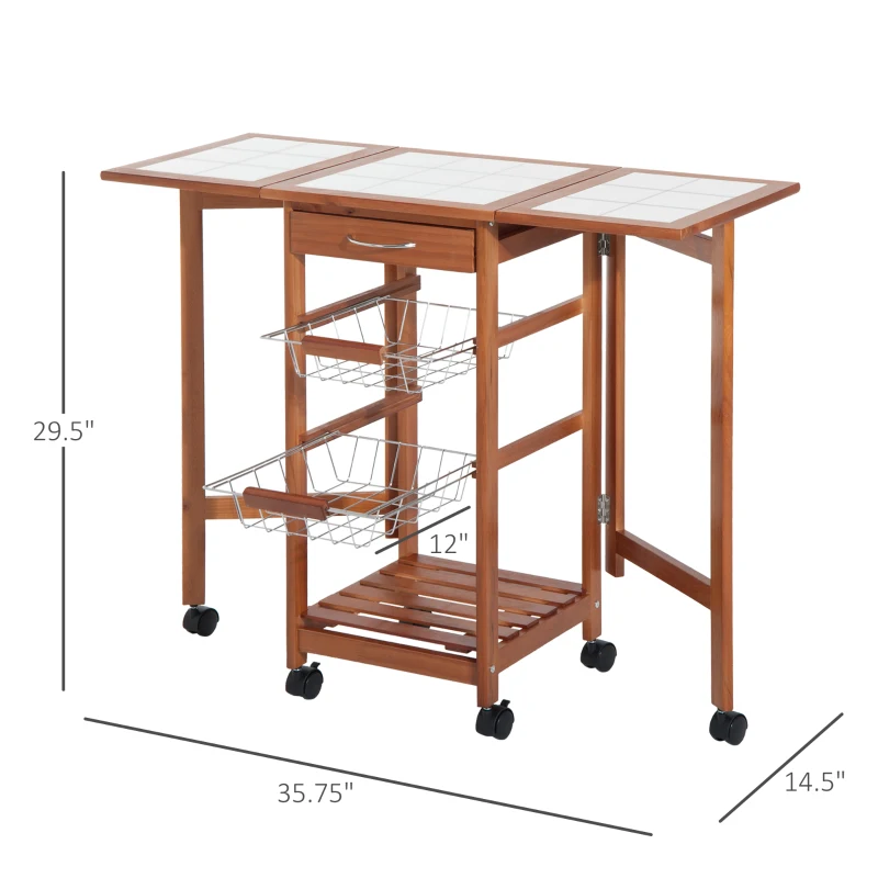 HOMCOM 37" Modern Wooden Kitchen Island with Drop Leaf, Rolling Cart With Basket Storage
