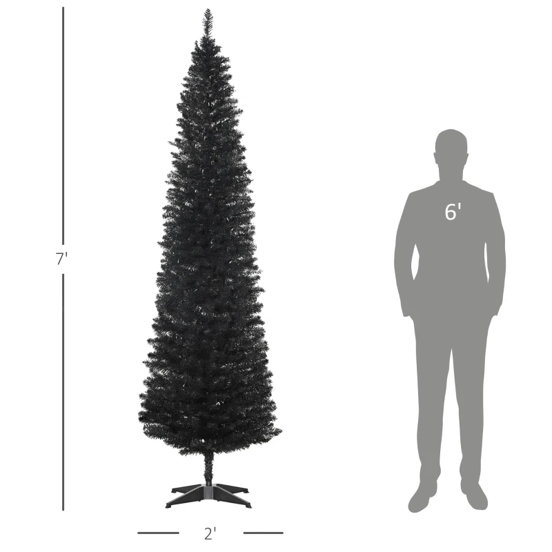 HOMCOM 7ft Unlit Pencil Artificial Christmas Tree with Realistic Branches and 499 Tips, Plastic Base, Black