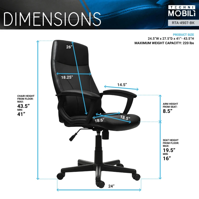Cozy Office Chair with Flip-Up Arms and TechniFlex Upholstery, Flexible Racer Seat with Locking Tilt Control, 24.5″ L x 27.5″ W x 41″ H, Black