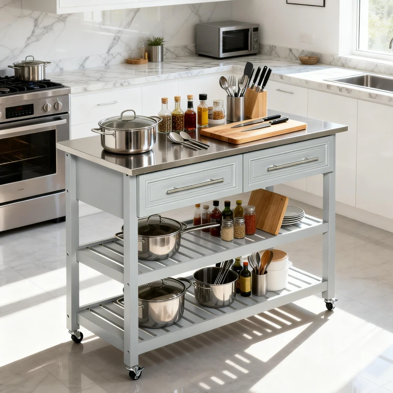 HOMCOM Kitchen Island with Stainless Steel Top, Traditional Kitchen Island with Storage, Butcher Block Cart 2-Tier Open Shelves, Drawers, Light Gray