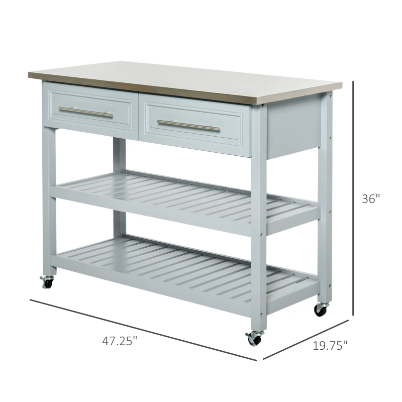 HOMCOM Kitchen Island with Stainless Steel Top, Traditional Kitchen Island with Storage, Butcher Block Cart 2-Tier Open Shelves, Drawers, Light Gray