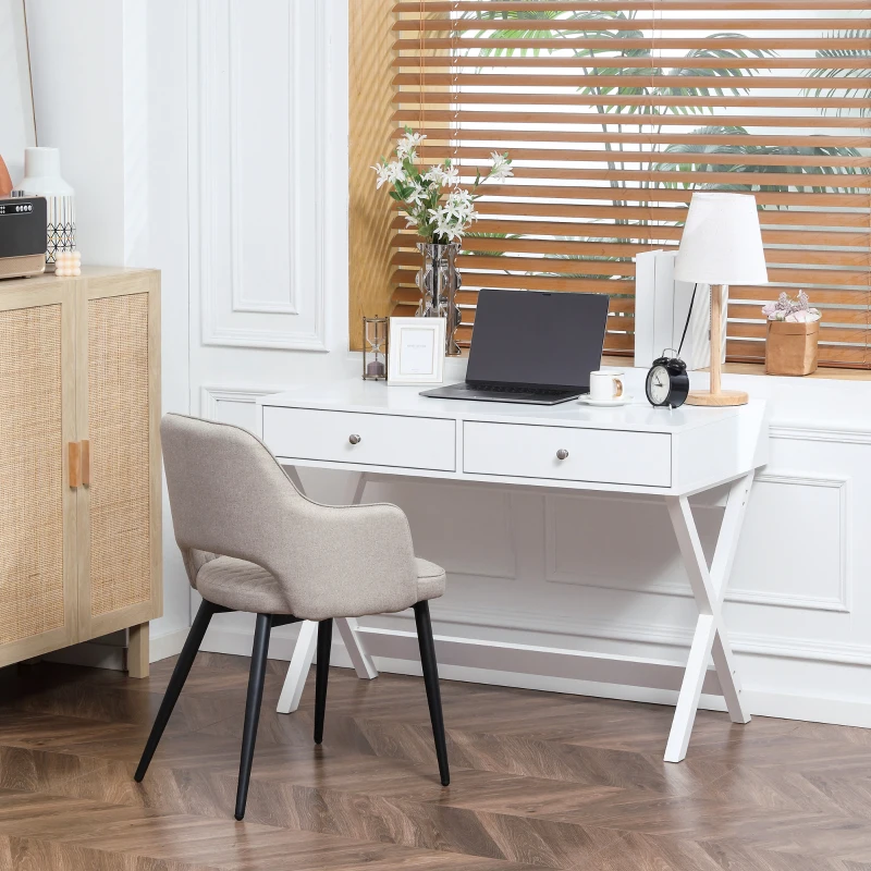 HOMCOM Modern Writing Desk, White Computer Desk, Vanity Makeup Table with Two Drawers, X-shaped Leg for Home Office, Bedroom