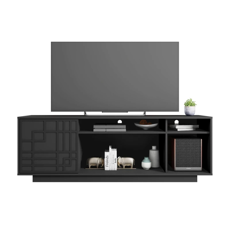 Contemporary Floating TV Stand with Patterned Cabinet Door, Modern Media Entertainment Console for Living Room, 63" L x 14" W x 21" H, Black