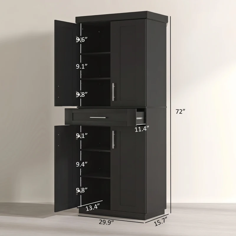 HOMCOM Modern Kitchen Pantry Freestanding Cabinet Cupboard with Doors and Drawer, Adjustable Shelving, Black