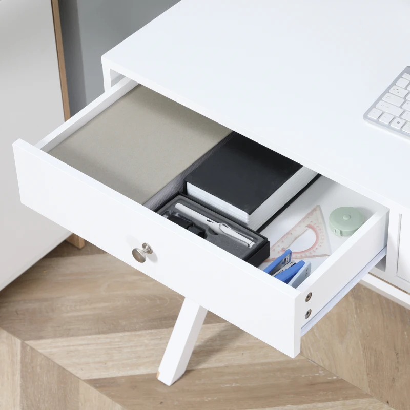 HOMCOM Modern Writing Desk, White Computer Desk, Vanity Makeup Table with Two Drawers, X-shaped Leg for Home Office, Bedroom