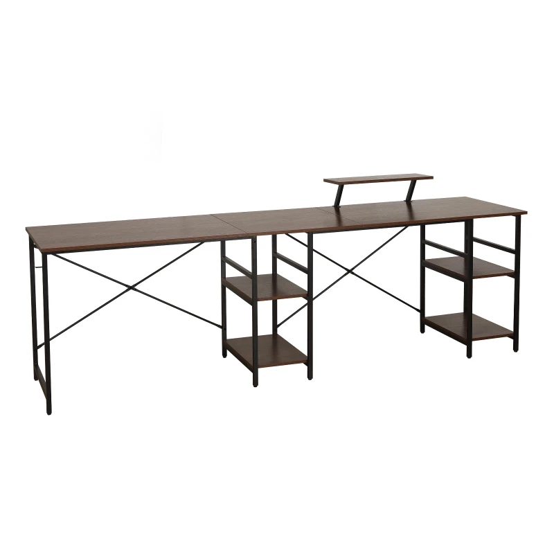 Industrial L-Shaped Desk with Raised Monitor Stand and Open Shelves, Modern Corner Computer Workstation for Home Office, 59" L x 59" W x 35" H, Walnut