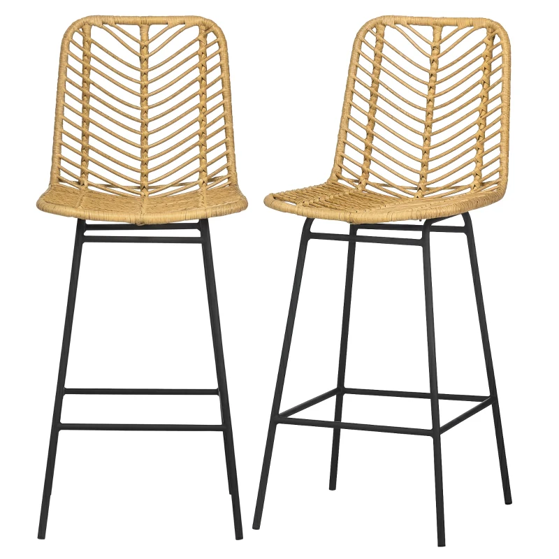 HOMCOM Set of 2 Rattan Barstools Wicker Counter Stools with Steel Legs and Footrest for Dining Room Kitchen Pub Yellow
